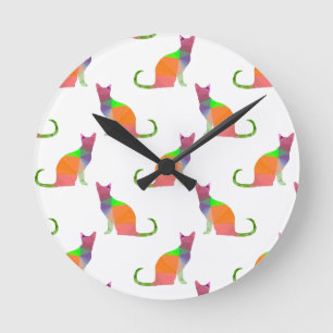 Low Poly Cat Silhouette Pattern Round Clock