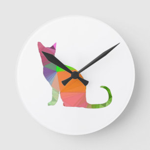 Low Poly Cat Silhouette Round Clock