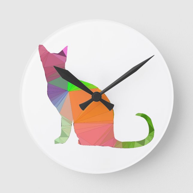 Low Poly Cat Silhouette Round Clock (Front)