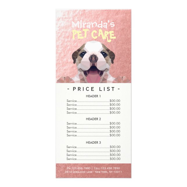 Low Poly Dog Pet Care Grooming Bathing Price List Rack Card (Front)
