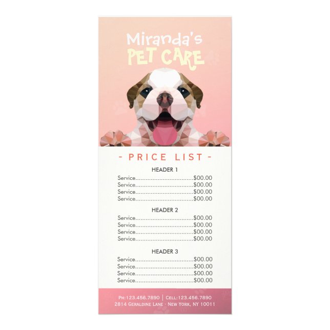 Low Poly Dog Pet Care Grooming Bathing Price List Rack Card (Front)