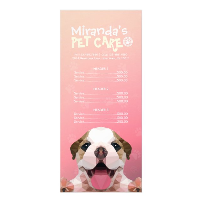 Low Poly Dog Pet Care Grooming Bathing Price List Rack Card (Front)