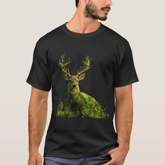 Low-Poly Green Deer — Geometric Forest Wildlife T-Shirt (Front)