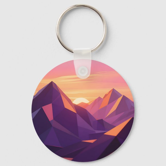 Low Poly Mountain Sunset Geometric Key Ring (Front)