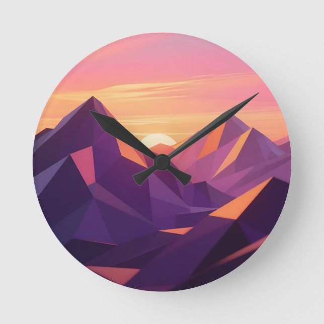 Low Poly Mountain Sunset Geometric Round Clock (Front)