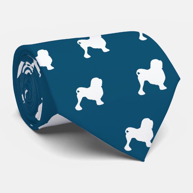 Lowchen Dog Silhouettes Pattern Ocean Bue Tie (Rolled)