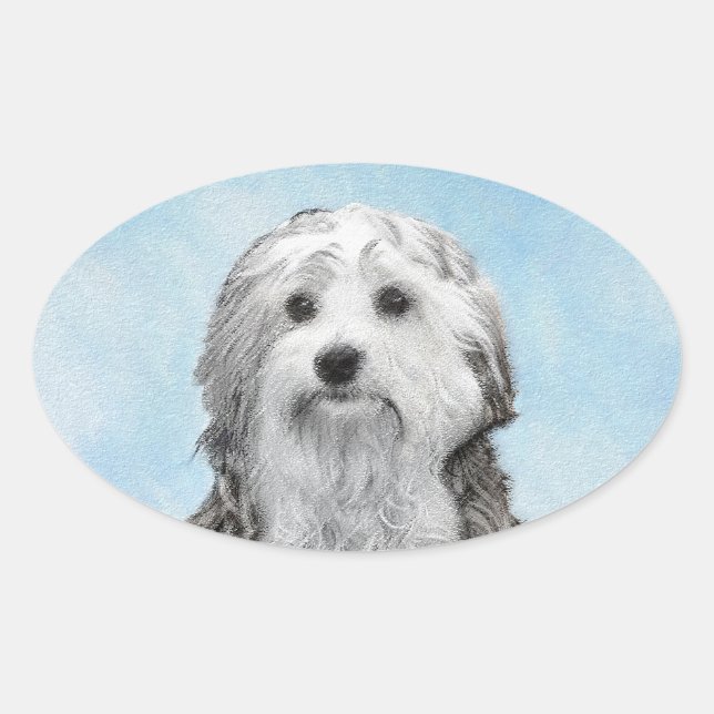 Lowchen Painting - Cute Original Dog Art Oval Sticker (Front)