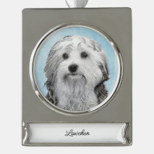 Lowchen Painting - Cute Original Dog Art Silver Pl Plated Banner Ornament