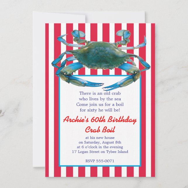 Lowcountry Blue Crab Boil Stripes- Red or Navy Invitation (Front)