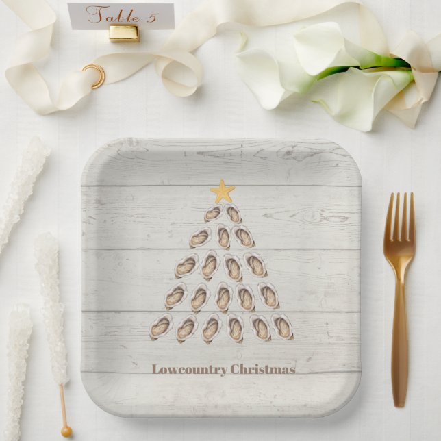 Lowcountry Oyster Christmas Tree on Wood Plank  Paper Plate (Wedding)
