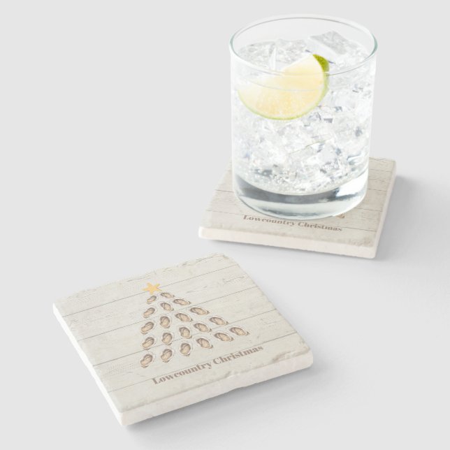Lowcountry Oyster Christmas Tree on Wood Plank  Stone Coaster (Side)