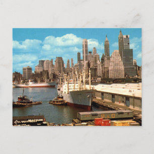 Lower Manhattan Skyline, East River, 1950s Vintage Postcard