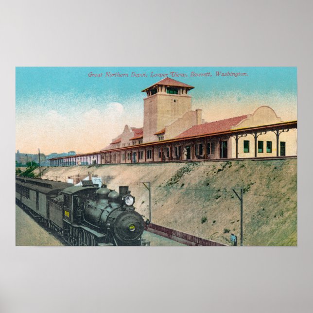 Lower View of Great Northern Depot and Train Poster (Front)