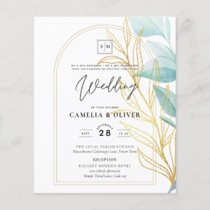 Lowest BUDGET All-in-1 Teal Gold Leaves Wedding Flyer