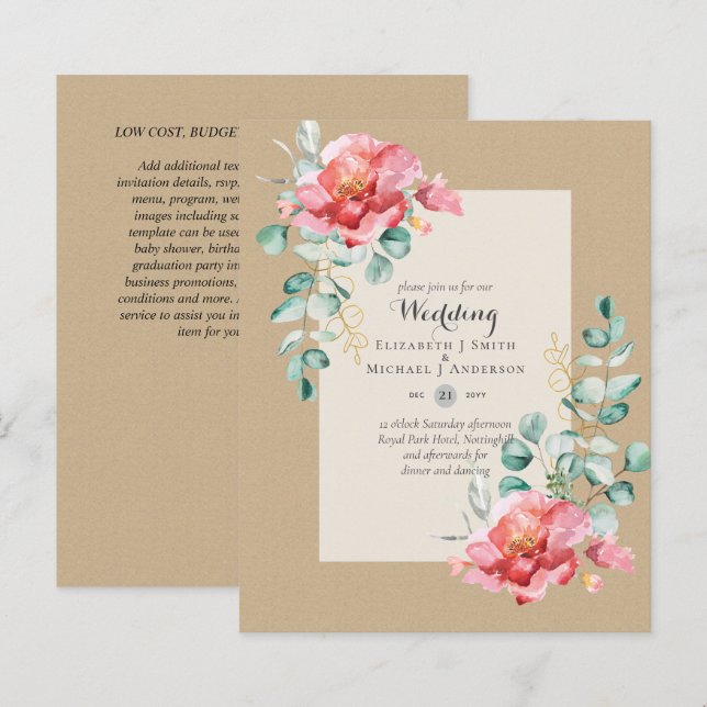 LOWEST BUDGET Red Floral Eucalyptus WEDDING Invite (Front/Back)