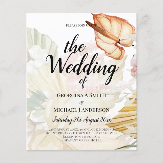 LOWEST Budget Tropical Pampas Grass Bold Wedding Flyer (Front)