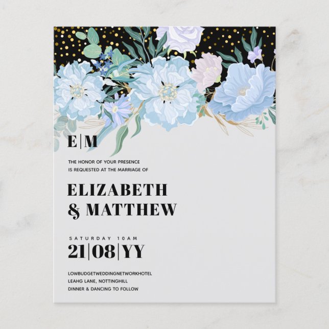 Lowest Budget Wedding FLYERS Blue Flowers Girly (Front)