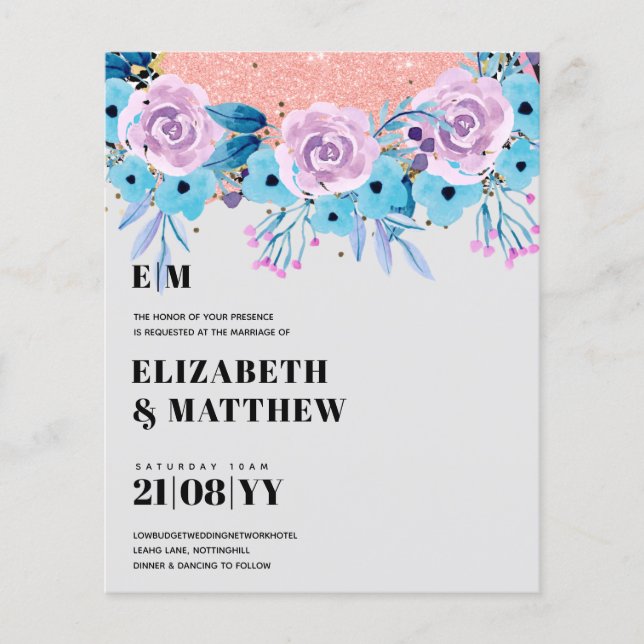 Lowest Budget Wedding FLYERS Blue Purple Flowers (Front)