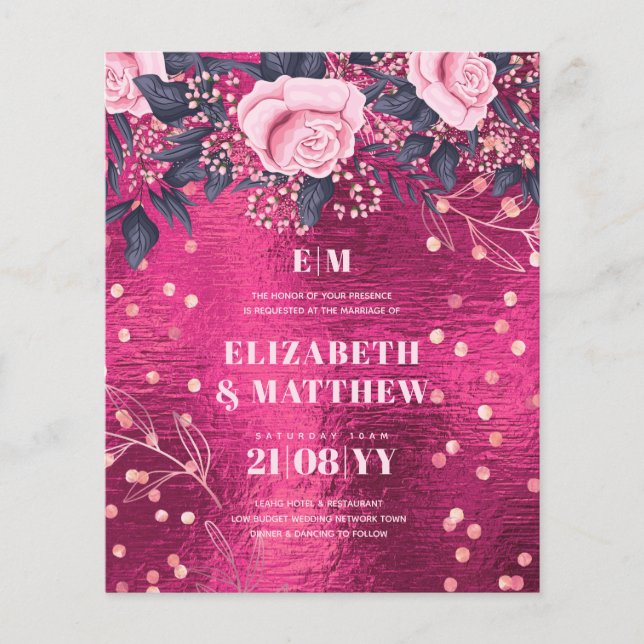Lowest Budget Wedding FLYERS Metallic Pink Flowers (Front)
