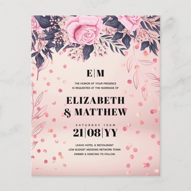 Lowest Budget Wedding FLYERS Rosegold Pink Blue Fl (Front)