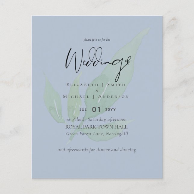 LOWEST PRICED Botanical Dusty Blue Wedding Flyer (Front)