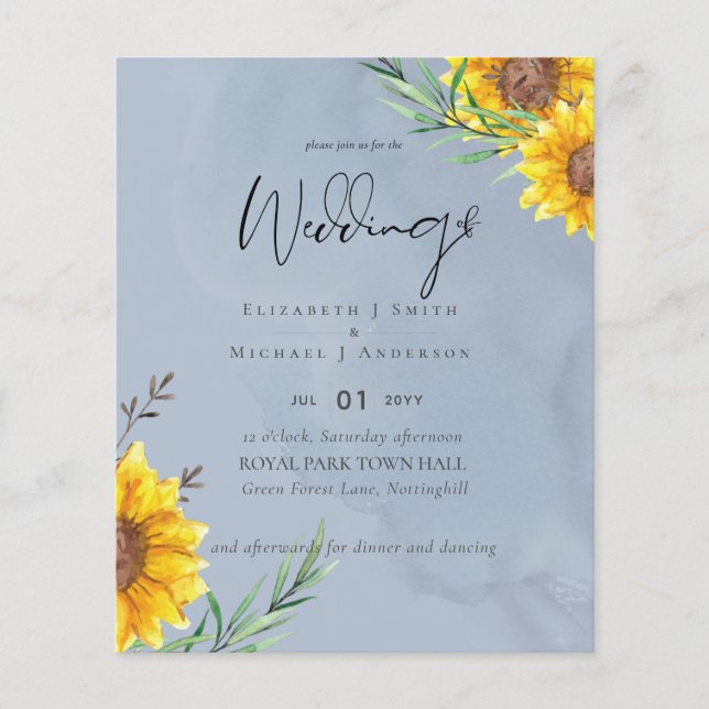 LOWEST PRICED Sunflowers Dusty Blue Wedding Flyer (Front)
