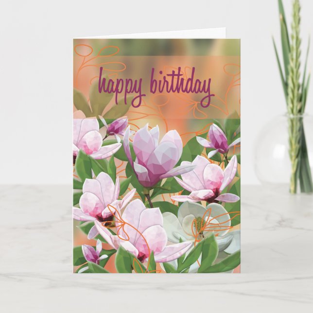 LowPoly Magnolia Birthday Card (Front)