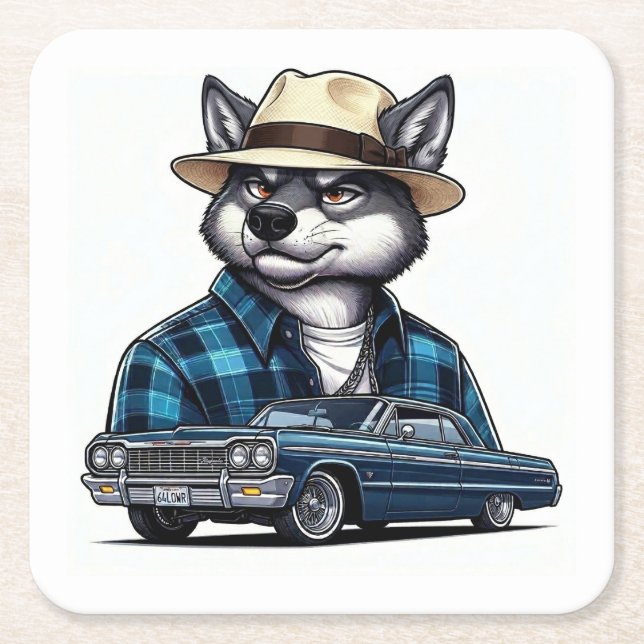 Lowrider Wolf Square Paper Coaster (Front)