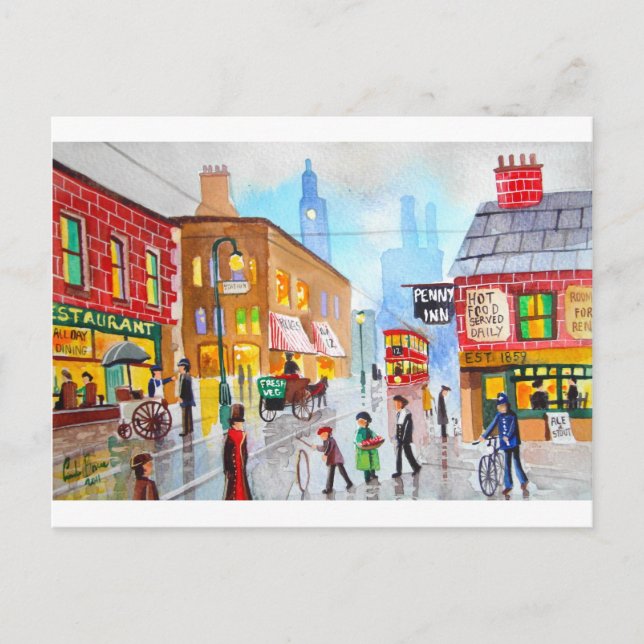 Lowry inspired busy street scene painting tram postcard (Front)