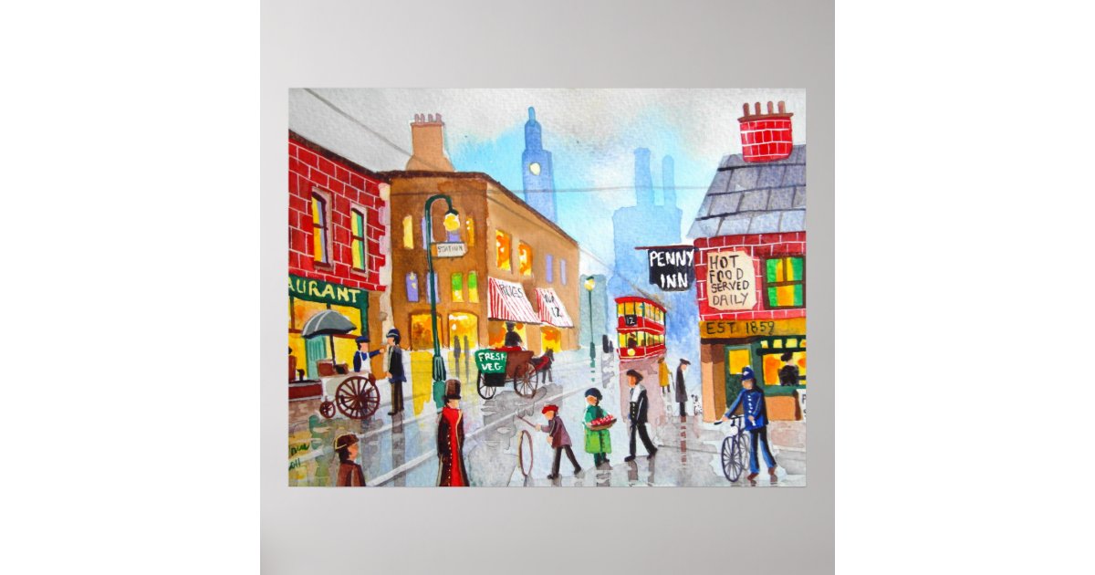 Lowry Inspired Busy Street Scene Painting Tram Poster