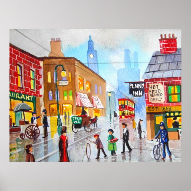 Lowry inspired busy street scene painting tram poster (Front)