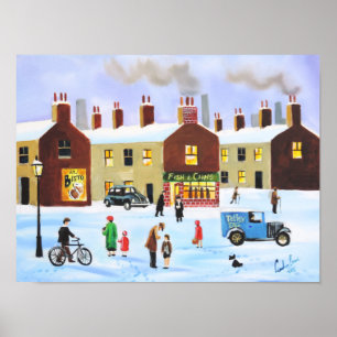 Lowry inspired nostalgic winter street scene poster