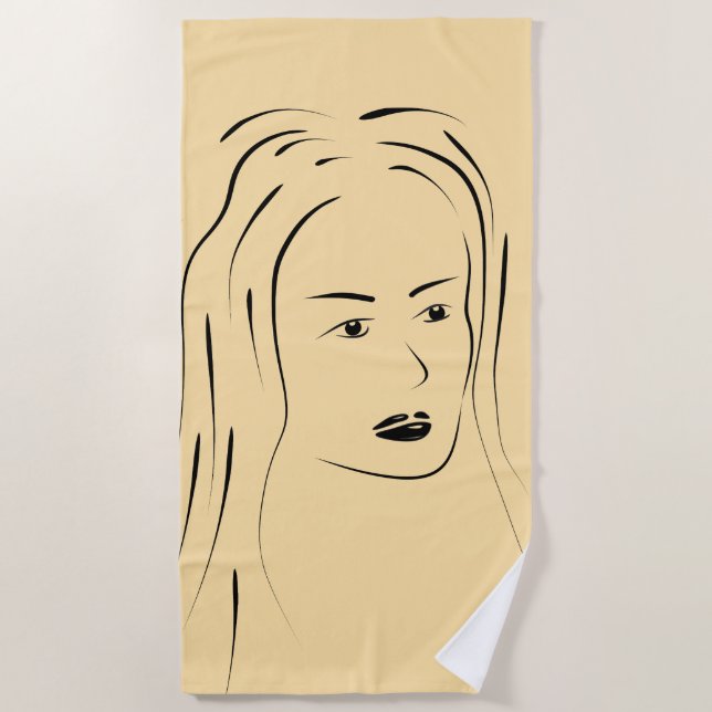 Loyal Black Line Art Woman Face Digital Hand-drawn Beach Towel (Front)