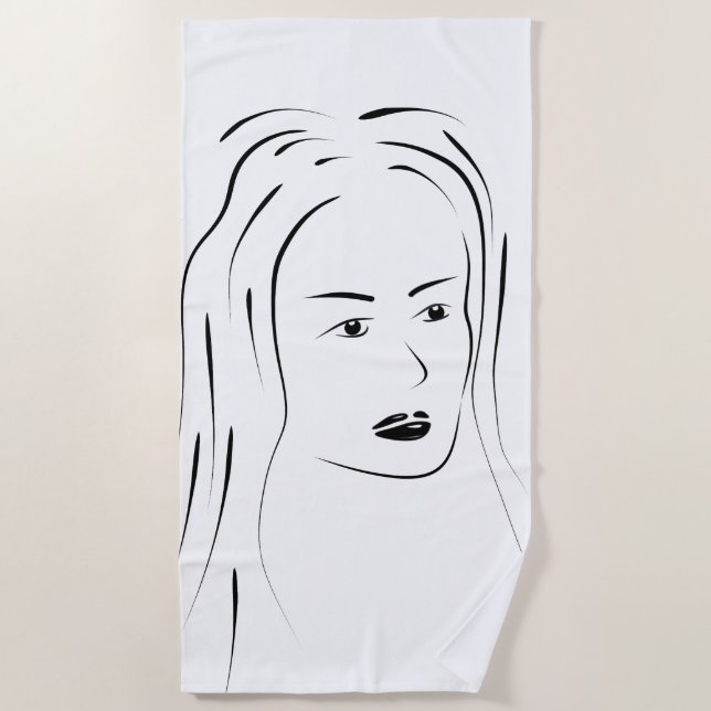 Loyal Black Line Art Woman Face Digital Handraw Beach Towel (Front)