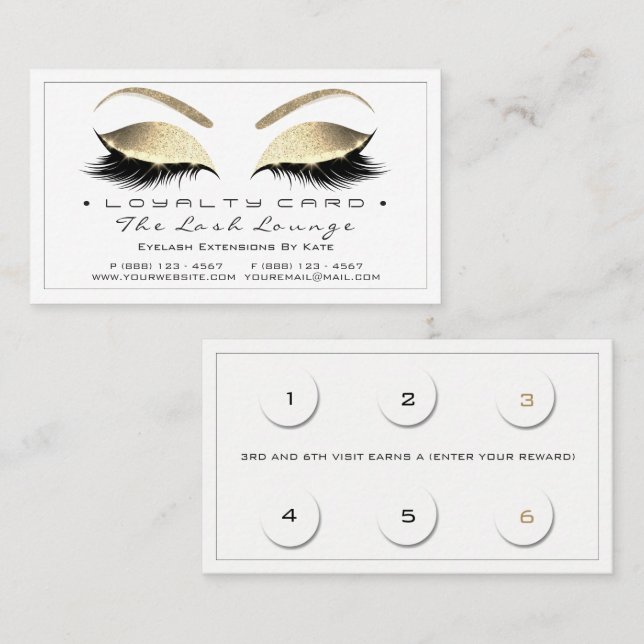 Loyalty Card 6 Beauty Salon Lashes White Gold Blac (Front/Back)