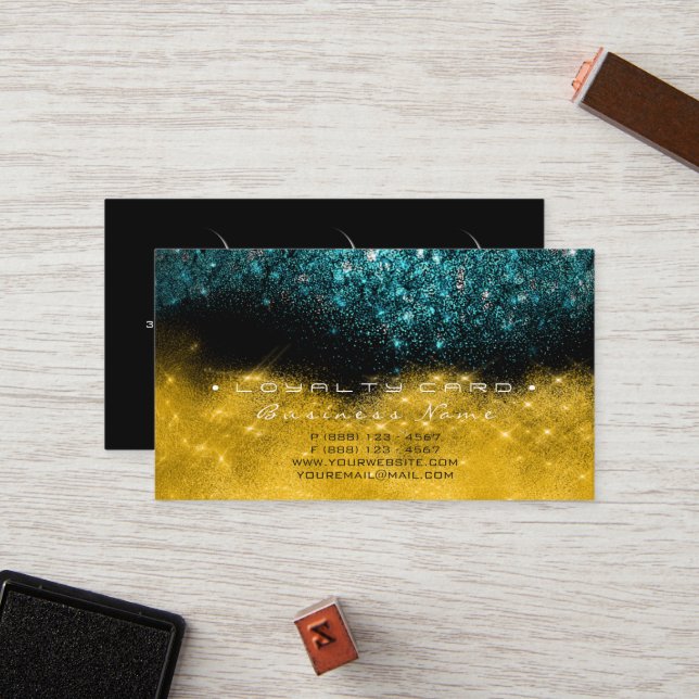 Loyalty Card 6 Beauty Salon Teal Blue Gold Glitter (Front/Back In Situ)