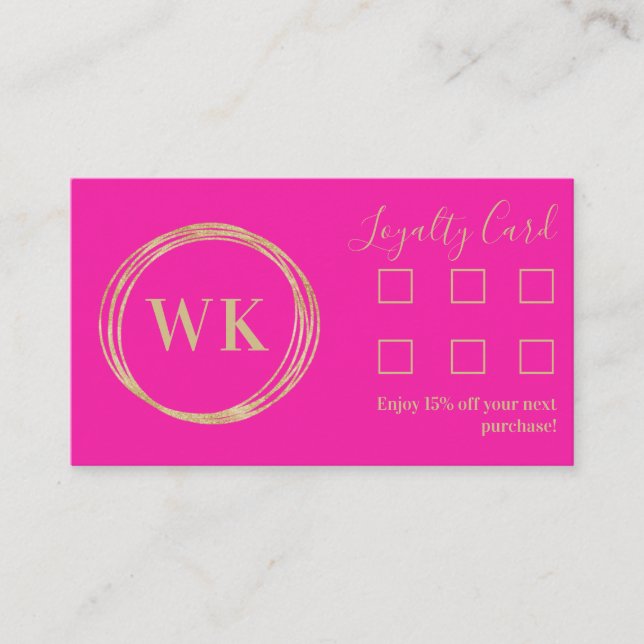 Loyalty Card Modern Monogram Hot Pink Gold (Front)