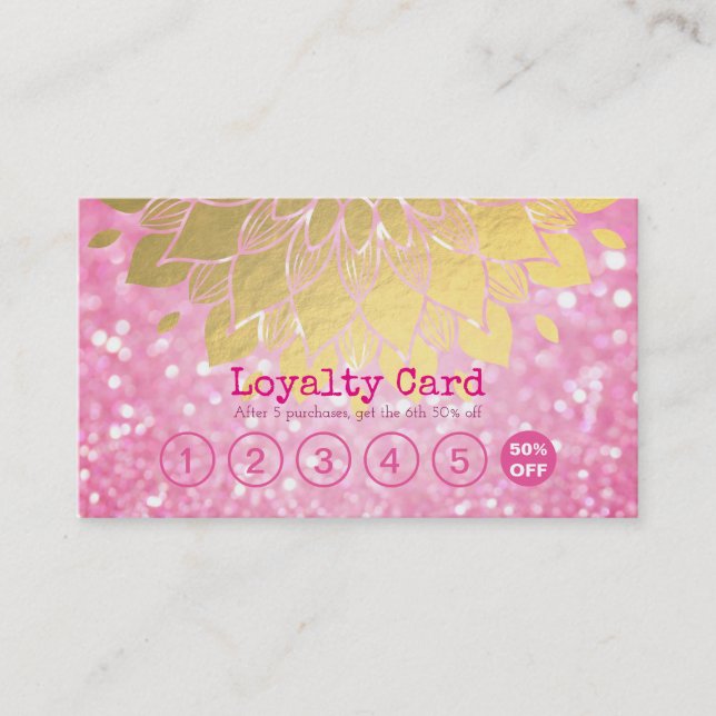Loyalty Card Pink Glitter Gold Floral Makeup Hair (Front)