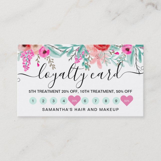 Loyalty mint pink floral watercolor heart 10 card (Front)