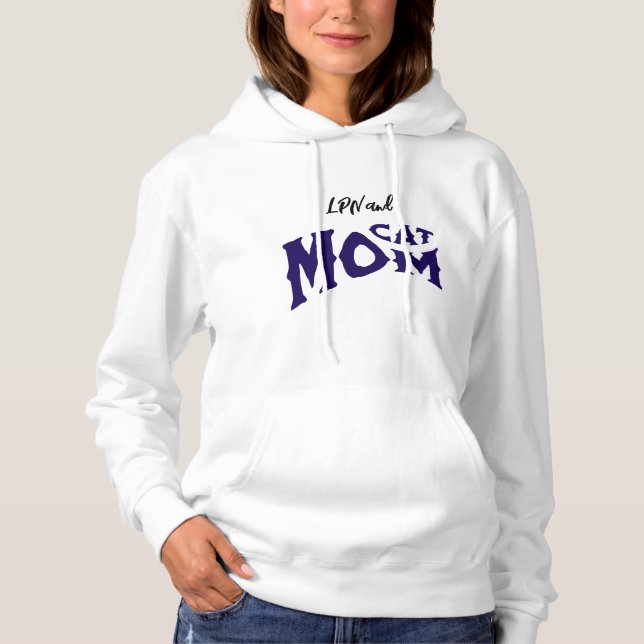 LPN Cat Mum Black/ Blue on White Typography Hoodie (Front)