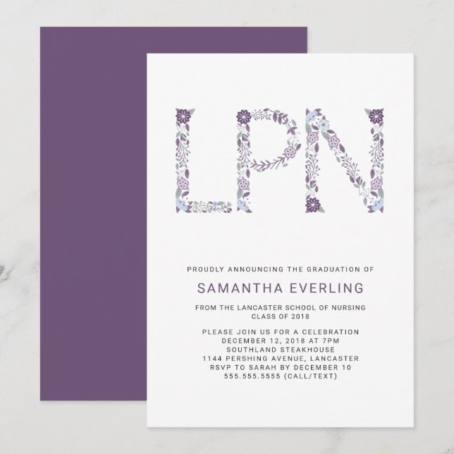 LPN graduation celebration, floral nurse purple Invitation (Front/Back)