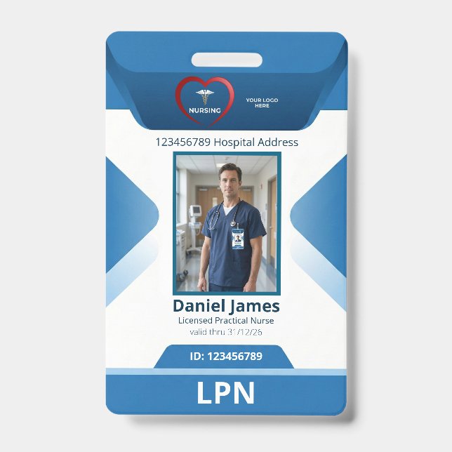 LPN Licensed Practical Nurse Photo Hospital Logo  ID Badge (Front)