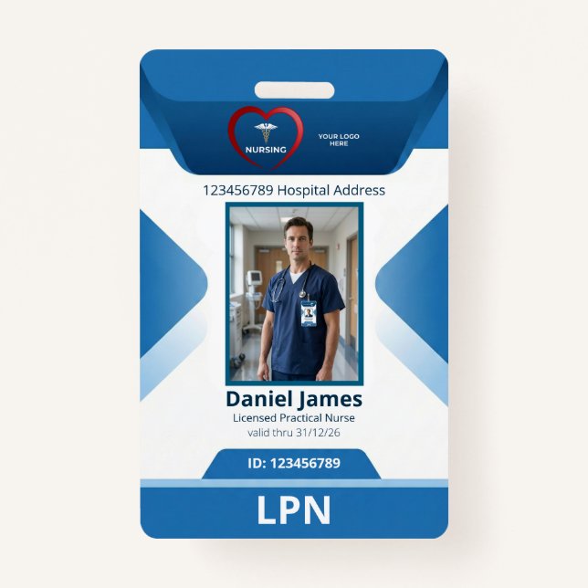 LPN Licensed Practical Nurse Photo Hospital Logo  ID Badge (Front)