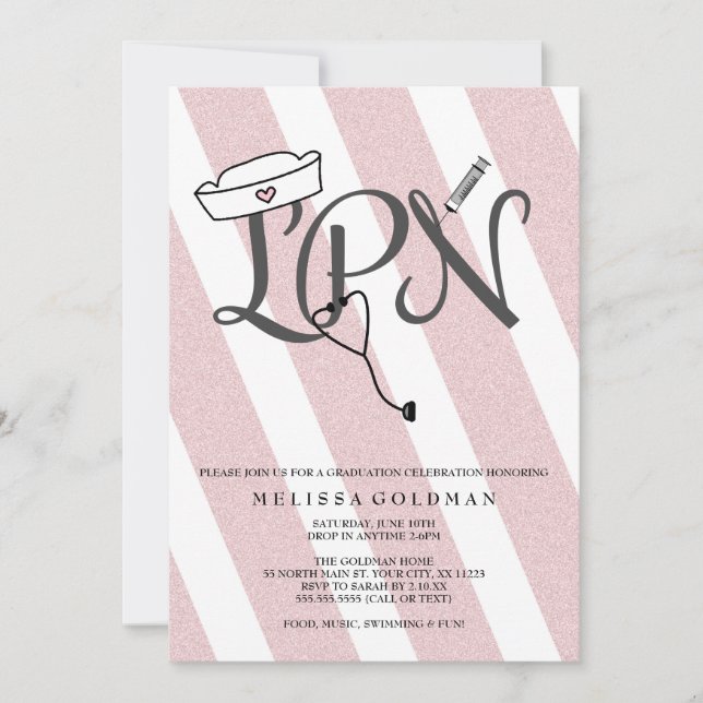 LPN nurse graduation invites blush pink glitter (Front)