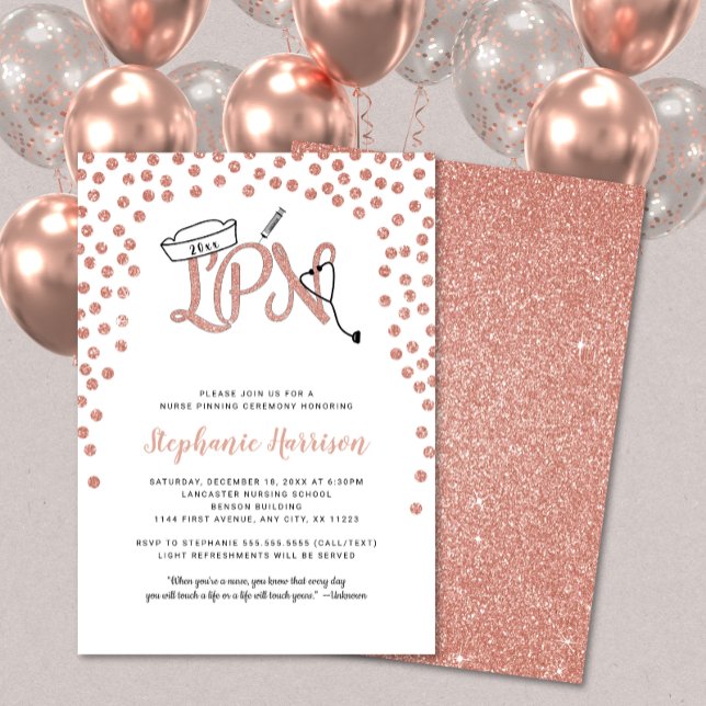 LPN nurse graduation rose gold confetti pinning Invitation (Creator Uploaded)