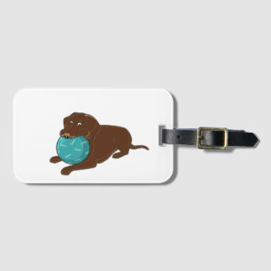 LR chocolate lab chewing ball cartoon Luggage Tag