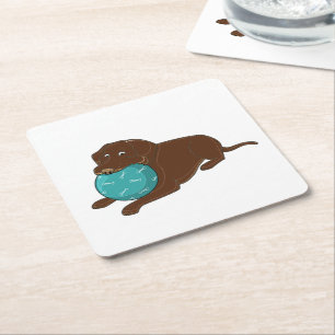 LR chocolate lab chewing ball cartoon Square Paper Coaster