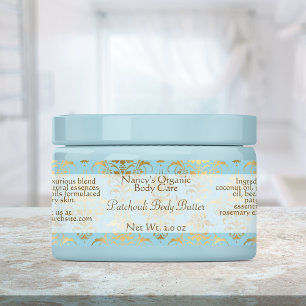Lt blue and gold damask soap and cosmetics labels
