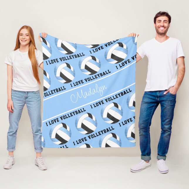 lt blue black I love volleyball text pattern Fleece Blanket (In Situ)