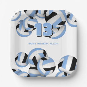 lt blue black volleyballs kids birthday party paper plate